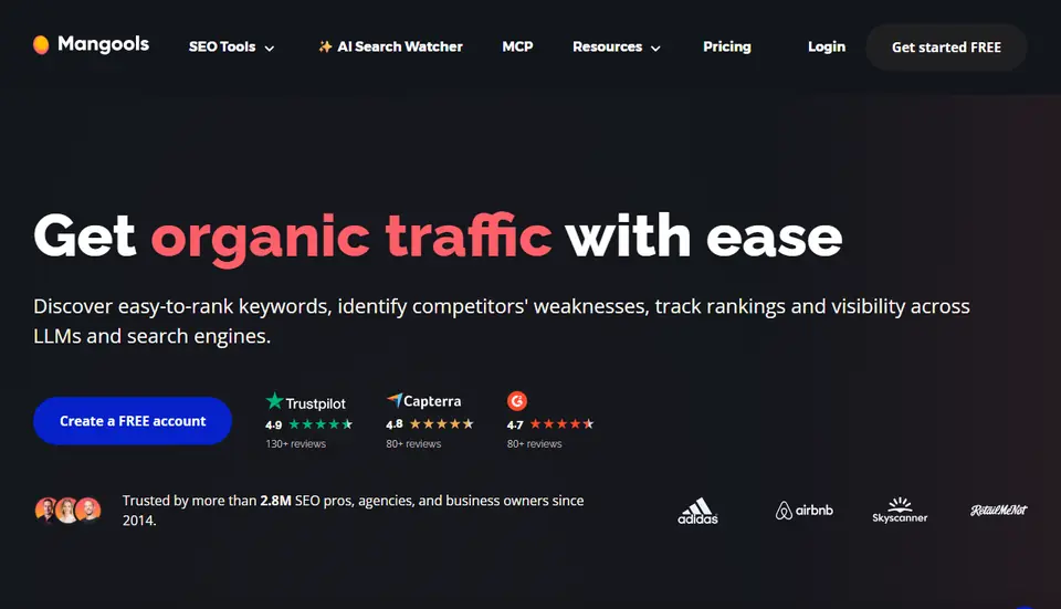 Mangools homepage showing the headline "Get organic traffic with ease" and links to KWFinder, SERP tools and AI Search Watcher