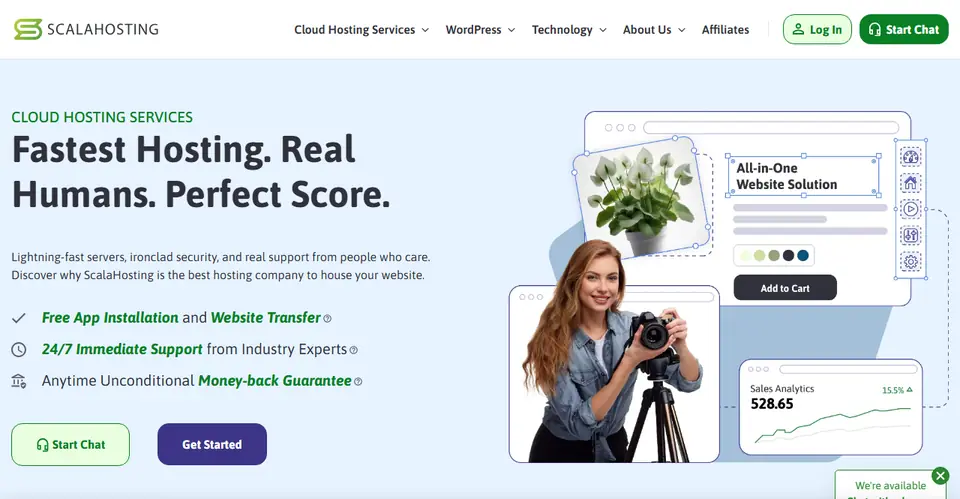 ScalaHosting homepage with the headline "Fastest Hosting. Real Humans. Perfect Score." and a list of included features